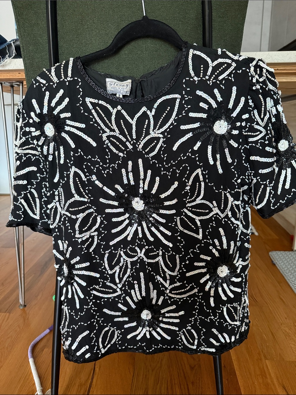 Vintage Silk Beaded Sequin Floral Short-Sleeve Blouse